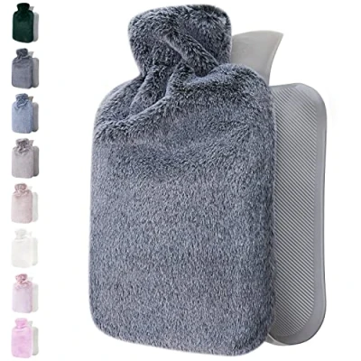 Image of Qomfor Hot Water Bottle with Fluffy Cover Soft Premium Faux Fur 1.8l Large Capacity Bag for Cosy Nights, Pain Relief, Back, Neck and Shoulders Great Gift Women (Dark Grey)