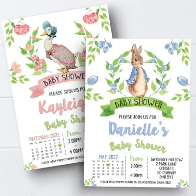 Image of 10 Personalised Peter Rabbit Jemima Puddleduck Baby Shower Invitations Invites