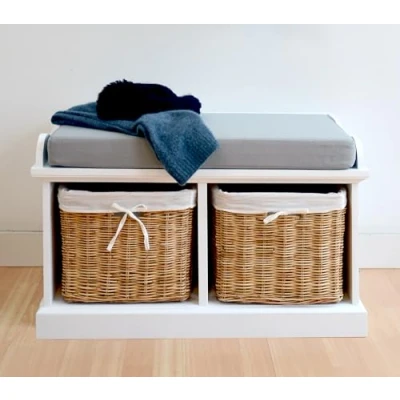 Image of Tetbury Storage Bench with Cushion and Wicker Baskets White Hallway Kitchen Bedroom Seat Fully Assembled 2 Seater (grey cushion, small)