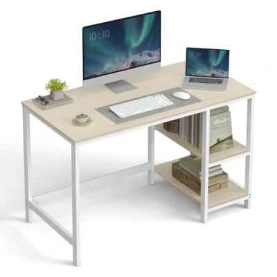 Image of VASAGLE Computer Desk, Writing Desk with 2 Shelves on Left or Right, Work Table for Office Living Room, Steel Frame, Modern, Natural Beige and Pearl White LWD047N02
