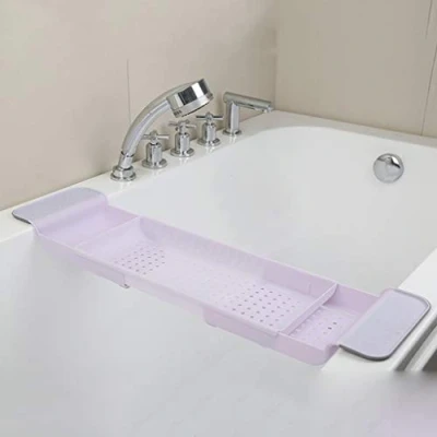 Image of Rtengtunn Bathtub Shelf, Tub Caddy Shower Expandable Holder Rack Storage Tray Over Bath Multifunctional Organizer For Bathroom Pink