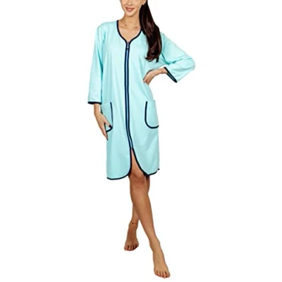 Image of Aquarti Womens Bathrobe Dressing Gown With Zipper Housecoat Light 3/4 Sleeves, Dark Blue, 3XL