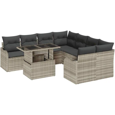 Image of vidaXL 9 Piece Garden Sofa Set with Cushions Light Grey Poly Rattan