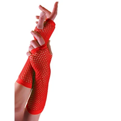 Image of Crazy Chick® Ladies Womens Plain Fishnet Fingerless Long Gloves Fancy Dress Party Accessories Adult Size One (Red)