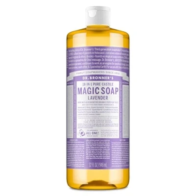Image of Dr Bronner&#039;s 18 in 1 Lavender Pure Castile Liquid Soap, Made with Organic Oils. Used for Face, Body, Hair, Dishes, Mopping and Pets, Certified Fair Trade &amp; Vegan Friendly, 946ml Recycled Bottle