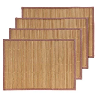 Image of BambooMN Bamboo Slats Placemat with Fabric Border Solid Colour Print 18&quot; x 13&quot; Brown, 4 pcs
