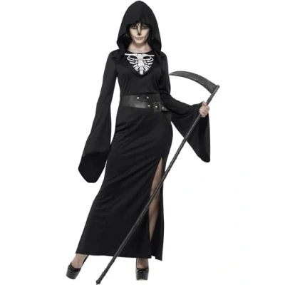 Image of Smiffys Lady Reaper Costume, Black with Dress &amp; Belt, Halloween Adult Fancy Dress, Up Costumes