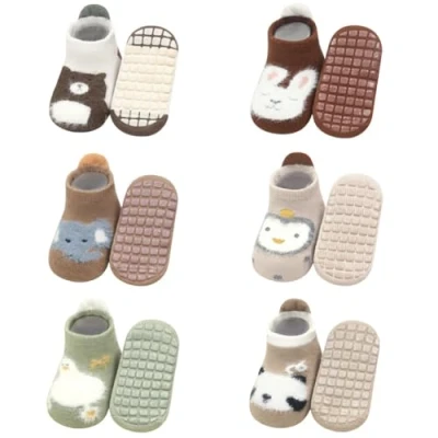 Image of FedMois 6 Pairs Baby Kids No Show Socks Cotton Invisible Anti Slip Winter Thermal Thick, Bear, 1 3 Years