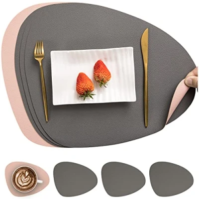 Image of Myir JUN Leather Table Mats and Coasters, Placemat Round PU Waterproof Dual Sided Kitchen Place Coffee Non Slip Washable Placemats Coaster Sets 4 (Set of 4, Gray Pink)