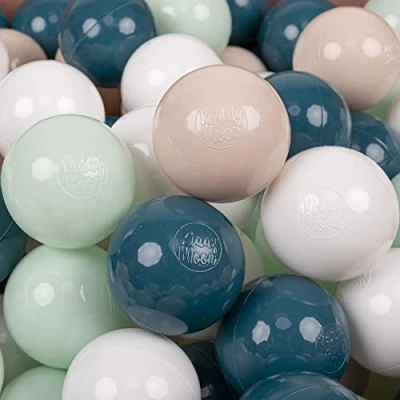 Image of KiddyMoon Soft Plastic Play Balls 200 Balls/7Cm 2.75In Multi Colour Made In EU, Dark Turquoise/Pastel Beige/White/Mint