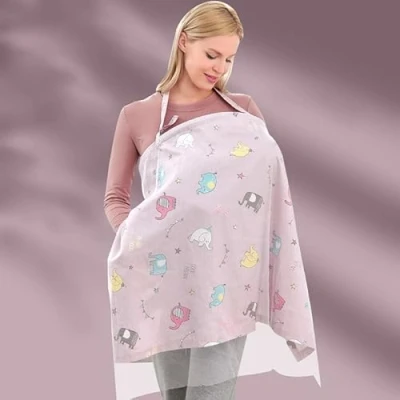 Image of Nursing Cover for On the Go, Scarf Cotton Apron Multi Purpose Cover, Breastfeeding Muslin, Cloths and Scarves, (Pink Elephant