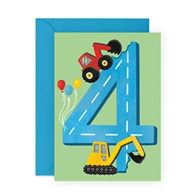 Image of Central 23 Fourth Birthday Card for Boys Happy 4th Age 4 Four Year Old Tractors Greeting Fun Construction Vehicle Themed Kids Son, Grandson With Stickers