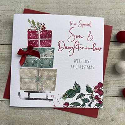 Image of WHITE COTTON CARDS SON &amp; DAUGHTER IN LAW 3 PRESSIES CHRISTMAS CARD, HANDMADE (C22 21 XC22 21)