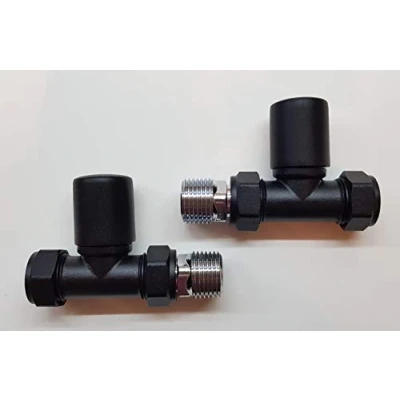 Image of Matt Black Towel Rail Radiator Wheelhead Valve Pair Minimalist Straight