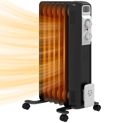 Image of HOMCOM 1500W Quiet Oil Filled Radiator, 7 Fin Energy Efficient Portable Electric Heater with 3 Heat Settings, Adjustable Temperate, Safety Tip Over, Overheat Protection, Wheels, for Home, Black