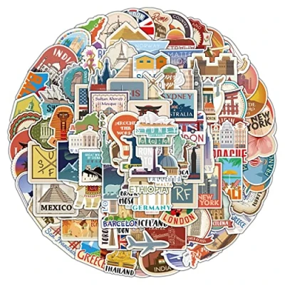 Image of Travel Map Stickers for Laptop(100 PCS),Gift Children Teens Adults Girl Boys,Travel Around The World Waterproof Water Bottle,Vinyl Scrapbook,Skateboard,Bike,Phone,Dairy