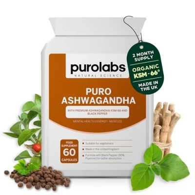 Image of Ashwagandha KSM 66® Supplement 90 Vegan Capsules High Strength Organic with Black Pepper Made in The UK by Purolabs