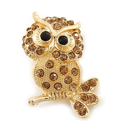 Image of Avalaya Cute Citrine Diamante &#039;Owl On The Branch&#039; Brooch in Bright Gold Tone Metal 45mm Length