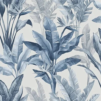 Image of Rasch Akari Madagascar Leaf Wallpaper Blue 282893 Tropical