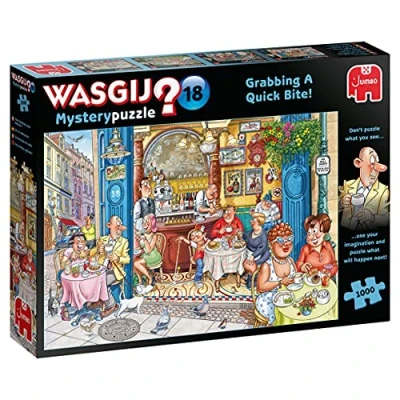 Image of Wasgij Mystery 18, Grabbing a Quick Bite 1000 Piece Jigsaw Puzzles for Adults Fun, Challenging &amp; Brainteasing Puzzle Uncover the 100% Recycled Cardboard 1000pcs Jumbo