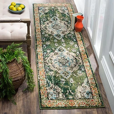 Image of SAFAVIEH Boho Chic Rug for Living Room, Dining Bedroom Monaco Collection, Short Pile, in Forest Green and Light Blue, 66 X 183 cm