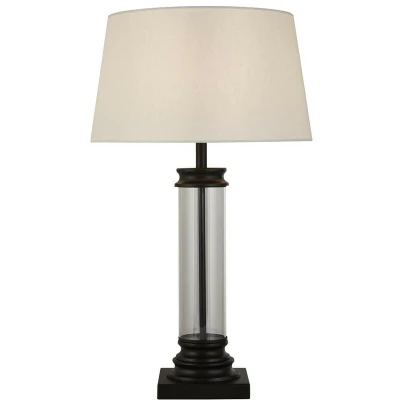 Image of Pedestal Table Lamp Glass Column &amp; Black, White Shade