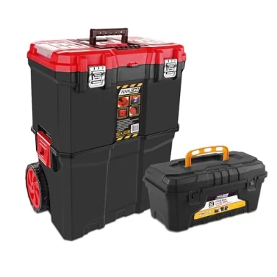 Image of Tool Lab Mobile Rolling Box Kit 2 Tier Stacking with Pull Along Handle, Metal Latches, Rugged Wheels, and 12&quot; For Workshop, Home Work Durable Portable Storage Solution Red