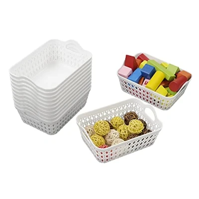 Image of Qqbine Kitchen Plastic Storage Baskets with Handles, Desktop Weave Baskets, White, 12 Packs