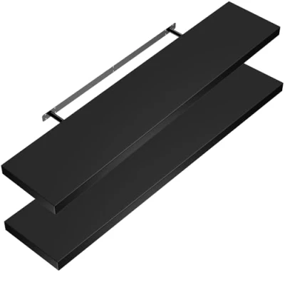 Image of CASARIA Set of 2 Floating Shelves w/Brackets 50 110cm 15kg Capacity Hidden Wall Fixing Kitchen Office Lounge Hallway Modern Decorative High Gloss Hanging Shelving Black 50cm