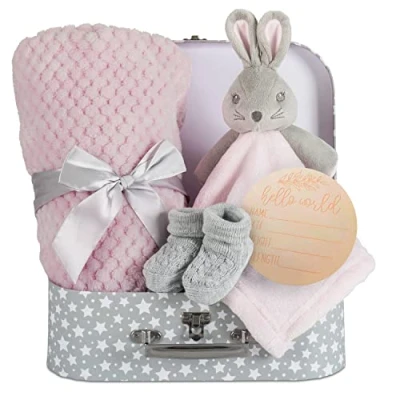 Image of Hoolaroo Newborn Baby Girl Gifts Set New Hampers Present For Unique Suitcase Memory Box Cute Soft Milestone Pink Bunny Comforter Blanket