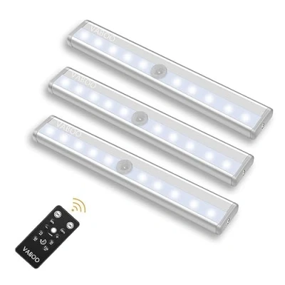 Image of VABOO Under Cupboard Lights, 10 LED Cabinet Lights with Remote Control, Battery Powered Closet Light Wardrobe Kitchen Light, Stick on for Closet, Stairs, 3 Pack, White