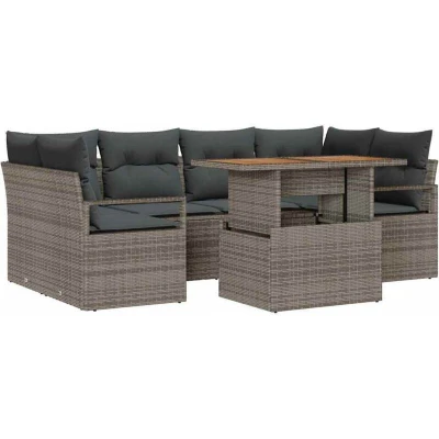 Image of vidaXL 7 Piece Garden Sofa Set with Cushions Grey Poly Rattan Acacia