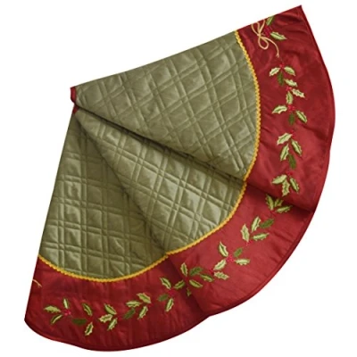 Image of SORRENTO 50&quot; Linen Slub Look diamond check quilted Christmas tree skirt Holly Leaves Embroidery Border bowknot decoration