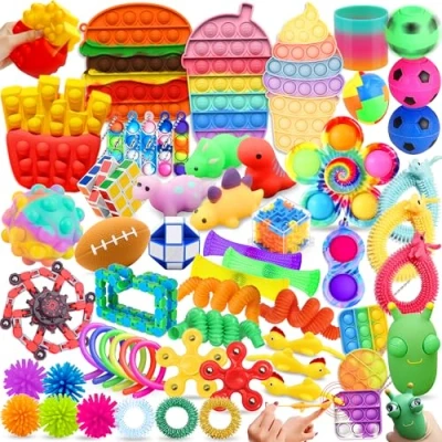 Image of Chennyfun 59PCS Fidget Toy Set, Toys Pack, Relief Stress Green Bug Toy, Sensory Anxiety Decompression for Autism, Fries Burger Ice Cream Relaxing Adults Kids Party Favors Birthday Gift