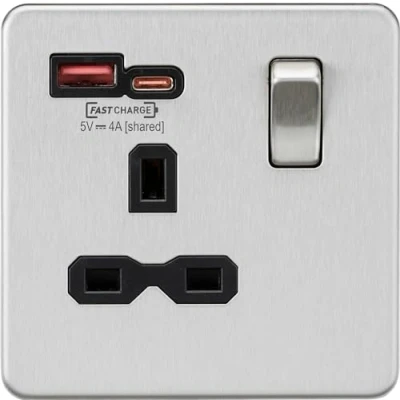 Image of KnightsBridge 13A 1G Switched Socket with Dual Fast Charge Outlets A+C (5 12V 4A shared) brushed chrome