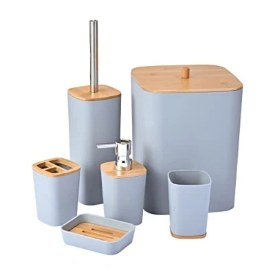 Image of Yorkmills Bamboo Bathroom Accessories Set, 6 Pieces Accessory Bin And Toilet Brush Durable Toothbrush Holder Cup, Soap Dispenser With Pump, Dish