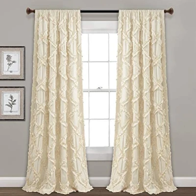 Image of Lush Decor, Ivory Ruffle Diamond Curtains Textured Window Panel Set for Living, Dining Room, Bedroom (Pair), 84 x 54, 2 Count