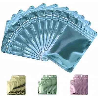 Image of Rimiko 100pcs Resealable Sample Bags, Small Ziplock Mylar Bags with Hanging Hole, Clear Foil for Packaging, Retail, Food and Items Storage (Metallic Blue, 4.1&quot;x 5.9&quot;)