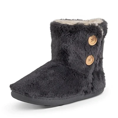 Image of Polar Womens Memory Foam Knitted Button Faux Fur Outdoor Rubber Sole Plush Winter Comfort Slippers Dark Grey AYC0881 EU39/UK6