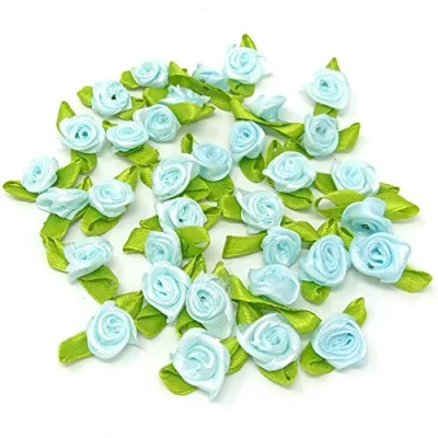 Image of Light Blue 15mm Mini Rose Satin Ribbon Buds Craft Decorative Flowers (100)