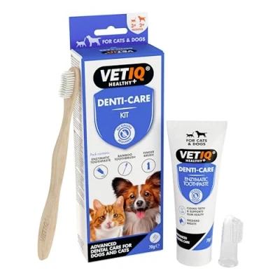 Image of VETIQ Denti Care Kit for Dogs 2+ Months &amp; Cats 3+ Contains a Enzymatic Toothpaste to Help Fight Tartar Reduce Dental Plaque, Bamboo Toothbrush Silicone Finger Sleeve, 70 g (Pack of 1)
