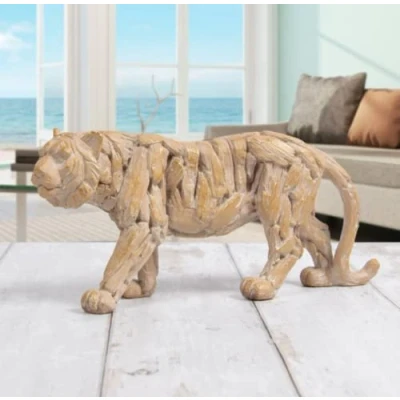 Image of Marco Paul Rustic Driftwood Effect Tiger Figurine Sculpture Free Standing Shabby Chic Style Xmas Gifts Animal Ornament Indoor Decorative for Bedroom, Home Decor or Christmas