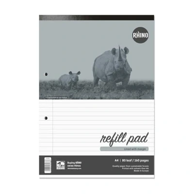 Image of RHINO A4 Refill Pad, Writing 160 Page / 8mm Lined with Margin, 10 Pack, White Hole Punched Top Binding Paper, Office &amp; School Stationery Supplies