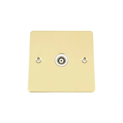 Image of TV Coaxial Aerial Socket Single 1 Gang Polished Mirror Brass Flat White Insert