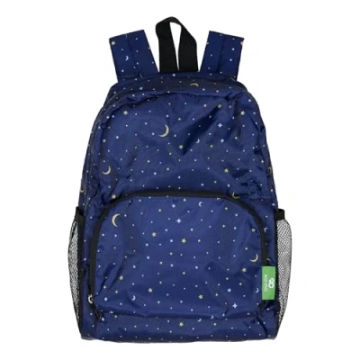 Image of ECO CHIC Lightweight Foldable Water Resistant Mini Backpack Folds Into Pouch for Storage (Stars and Moons Navy)