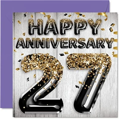 Image of Awesome 27th Anniversary Card for Husband Boyfriend Wife Girlfriend Black Gold Glitter Balloon Happy 27 Cards from Family, 145mm x Greeting Twenty Seventh Anniversaries