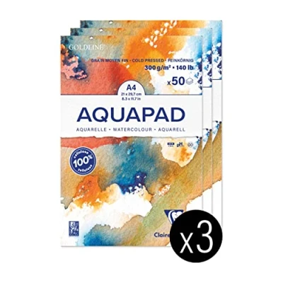 Image of Clairefontaine 975721C Goldline Aqua Pad Glued 50 Sheets Medium Fine Grain White Watercolour Paper A4 21 x 29.7 cm 300g Pack of 3 pads