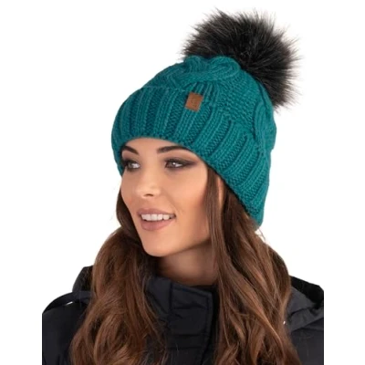 Image of Vivisence Elegant Women&#039;s Winter Hat with Soft Fleece Lining and Pompom for Ultimate Warmth Made from Warm Fabric Stylish Perfect Cold Autumn Weather, Dark Turquoise,UNI