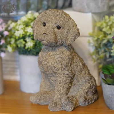 Image of Cockapoo Puppy Dog in Natural Brown Finish Indoor + Garden Decoration Ornament Gift