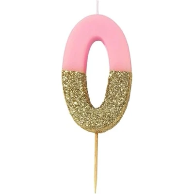 Image of Talking Tables Pink Number 0 Zero Birthday Candle with Gold Glitter Premium Quality Cake Topper Decoration Pretty, Sparkly, Adults, 20th, 30th, 40th, 50th, 60th, Party, Anniversary, Milestone Age,8cm